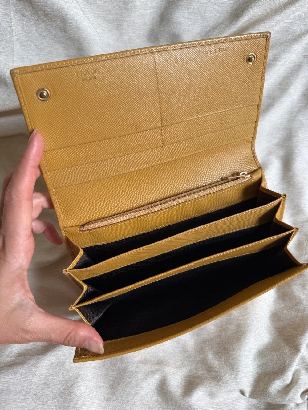 Prada Saffiano Leather Flap Wallet in Mustard Yellow